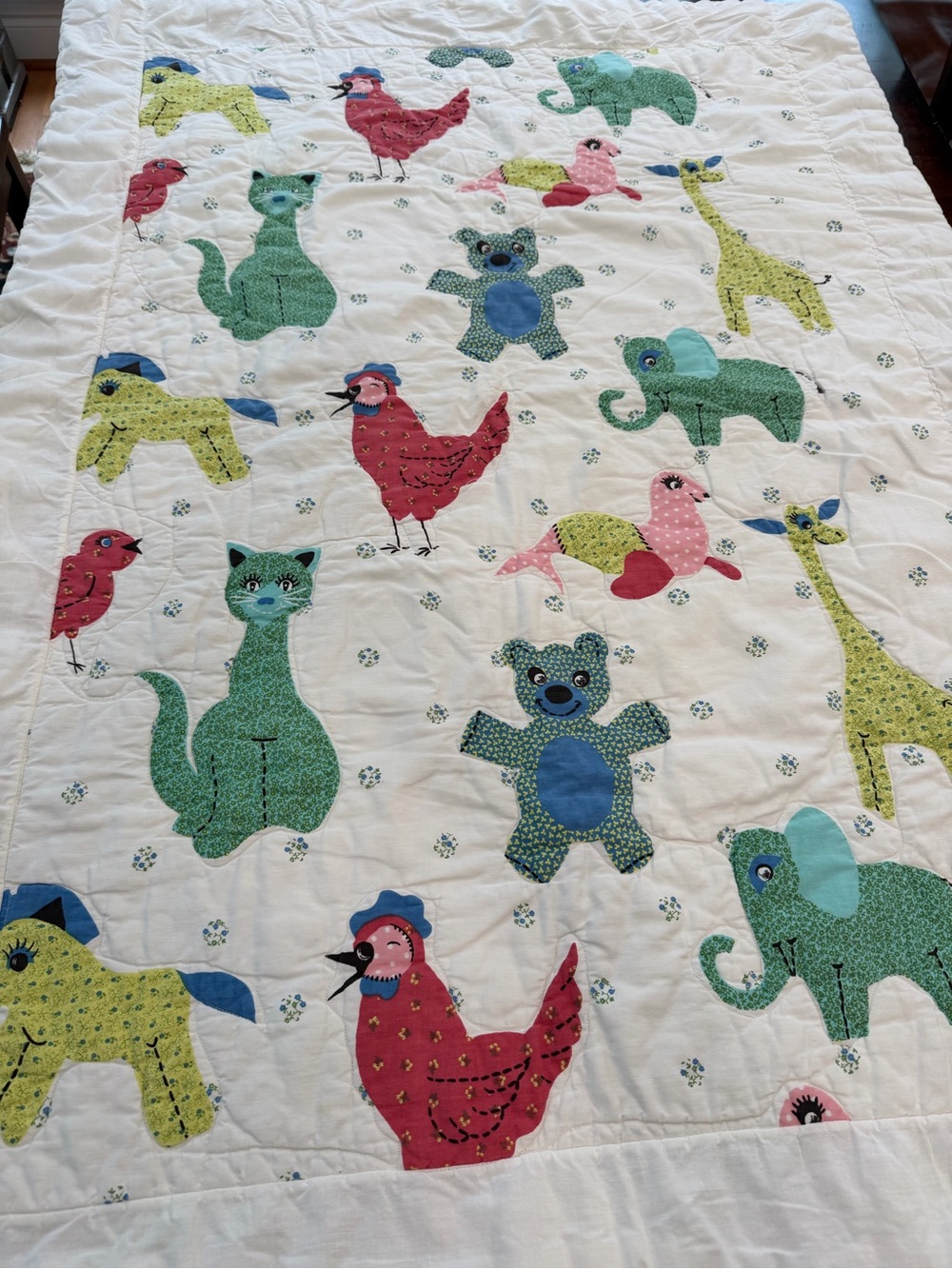 Vintage Whimsical Animal Quilt Throw 56x39” Printed Motif Nursery Folk Art